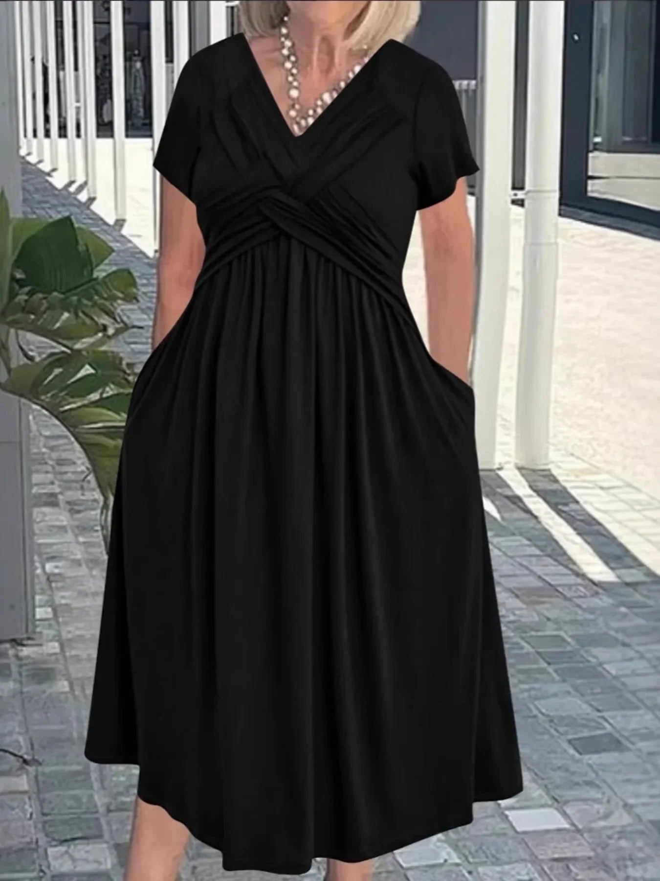 V - Neck Short Sleeve Midi Dress - VILLA FASHION