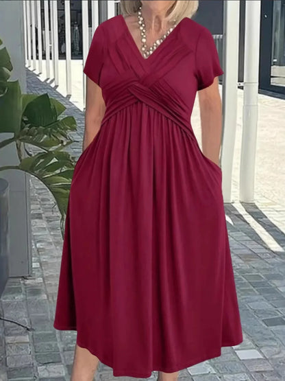 V - Neck Short Sleeve Midi Dress - VILLA FASHION