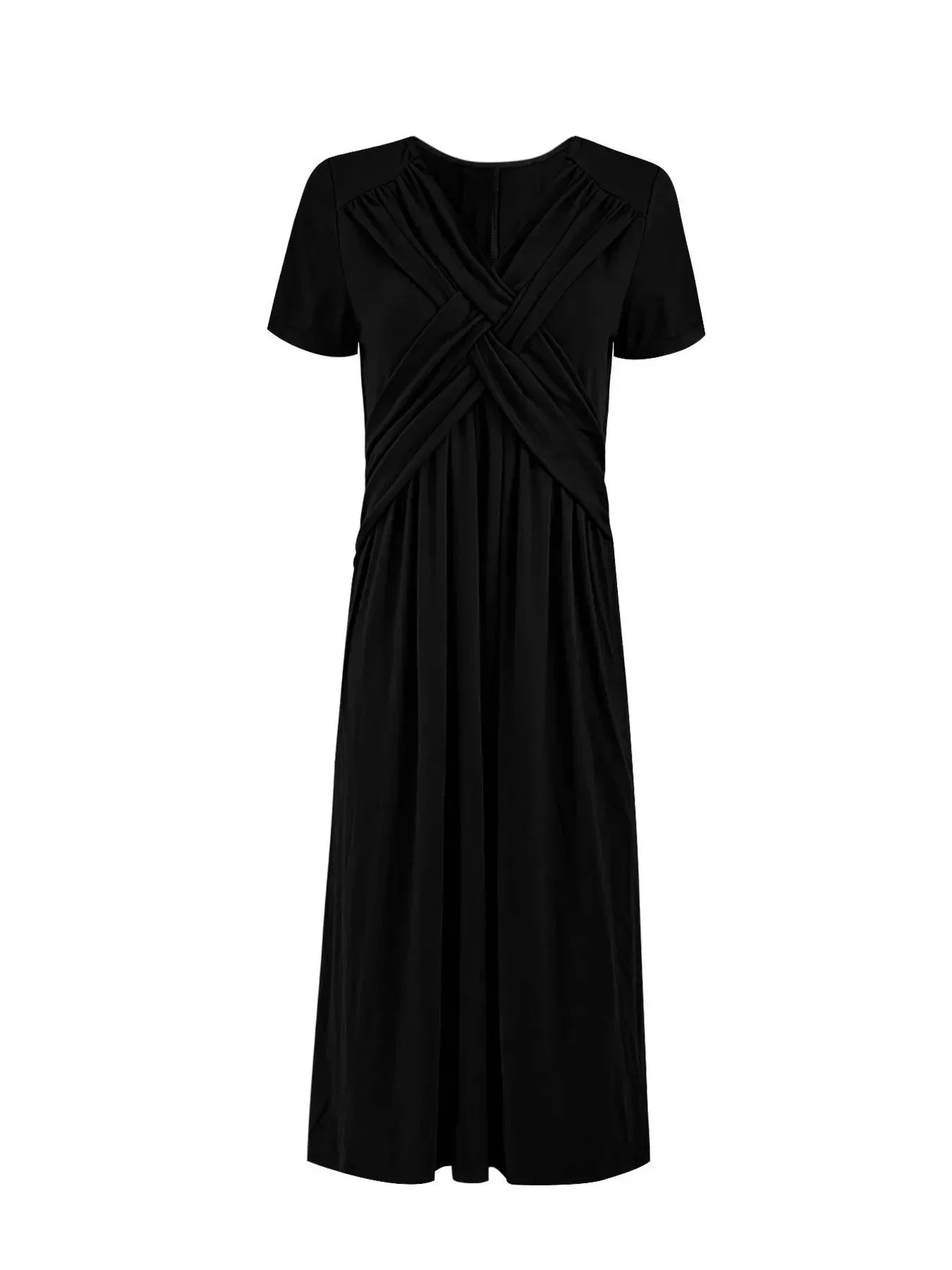 V - Neck Short Sleeve Midi Dress - VILLA FASHION