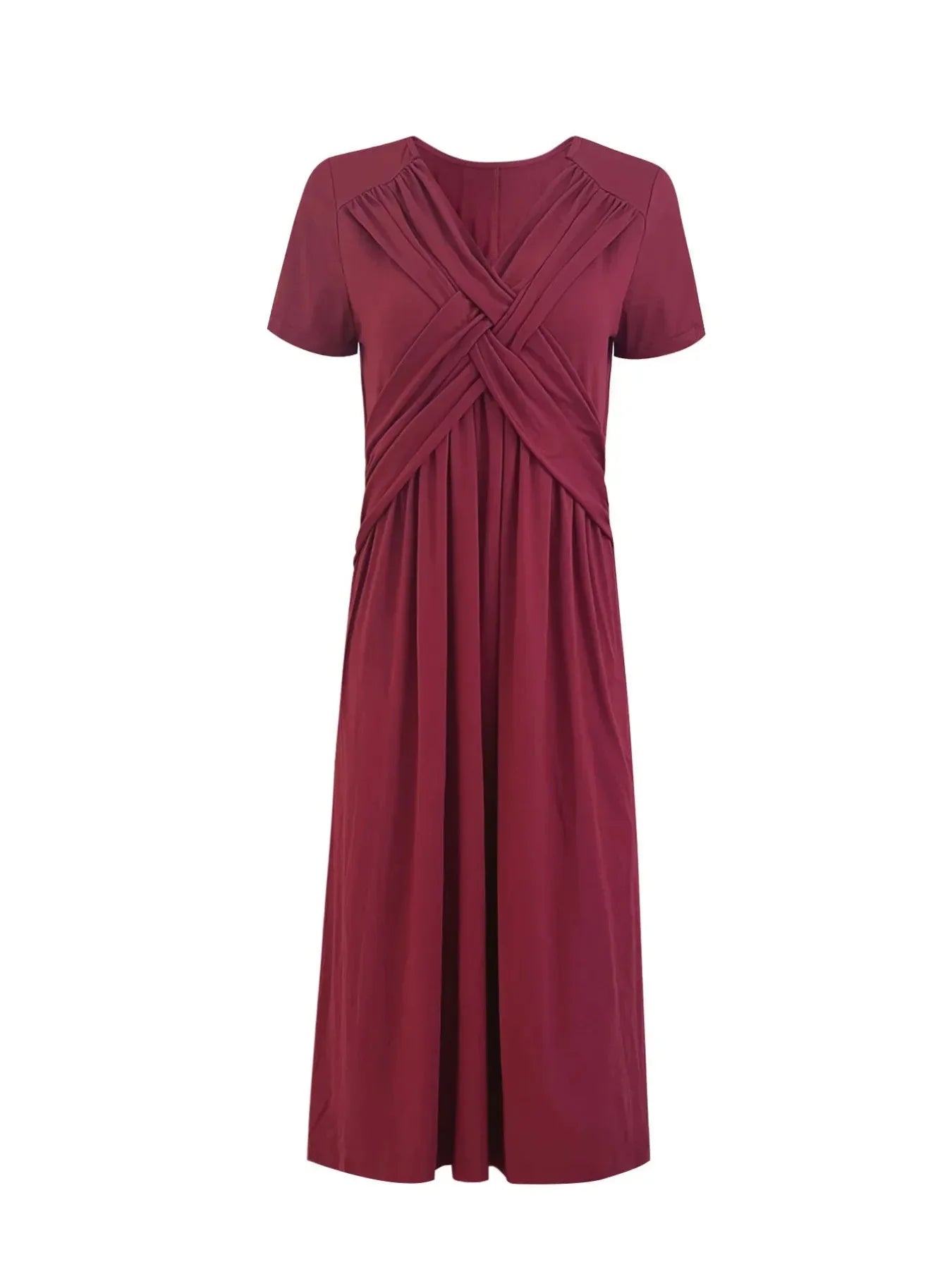 V - Neck Short Sleeve Midi Dress - VILLA FASHION