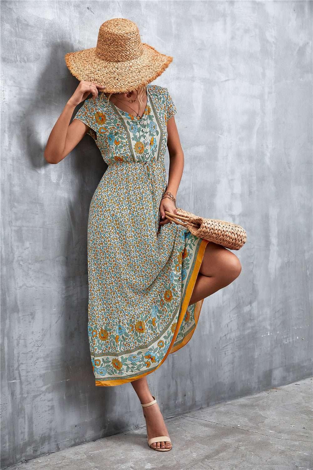 V - Neck Short Sleeve Printed Maxi Dress - VILLA FASHION
