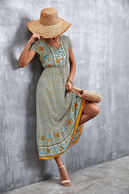 V - Neck Short Sleeve Printed Maxi Dress - VILLA FASHION