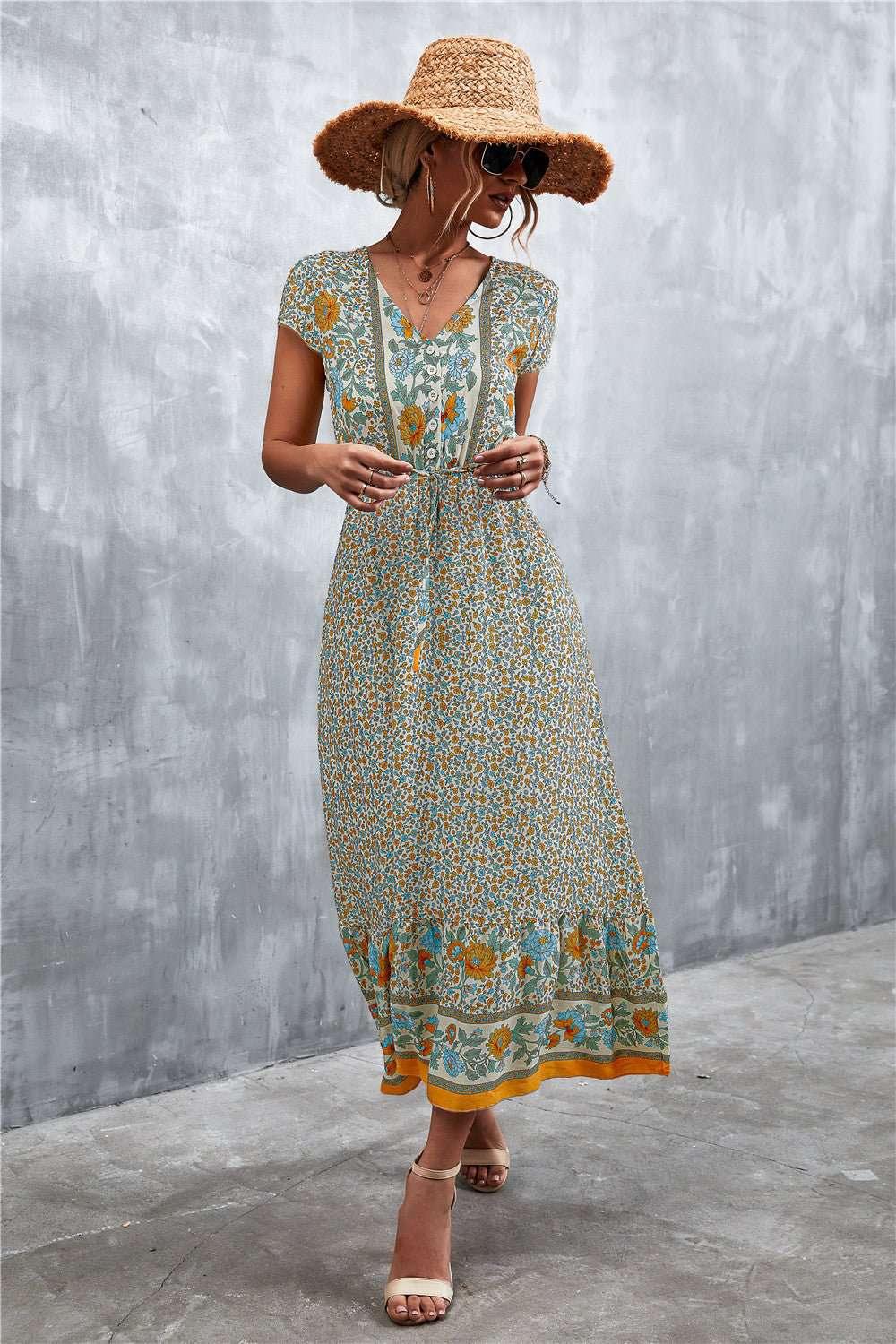 V - Neck Short Sleeve Printed Maxi Dress - VILLA FASHION