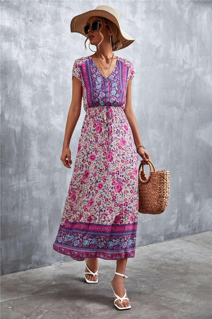 V - Neck Short Sleeve Printed Maxi Dress - VILLA FASHION