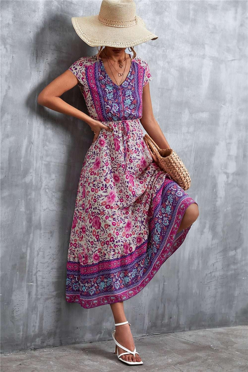 V - Neck Short Sleeve Printed Maxi Dress - VILLA FASHION