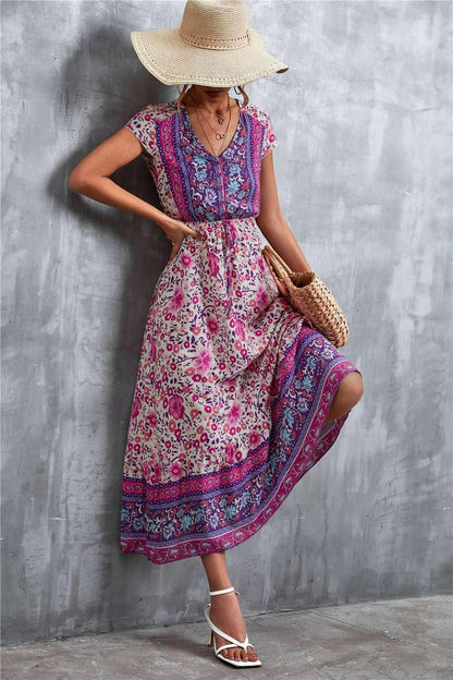V - Neck Short Sleeve Printed Maxi Dress - VILLA FASHION