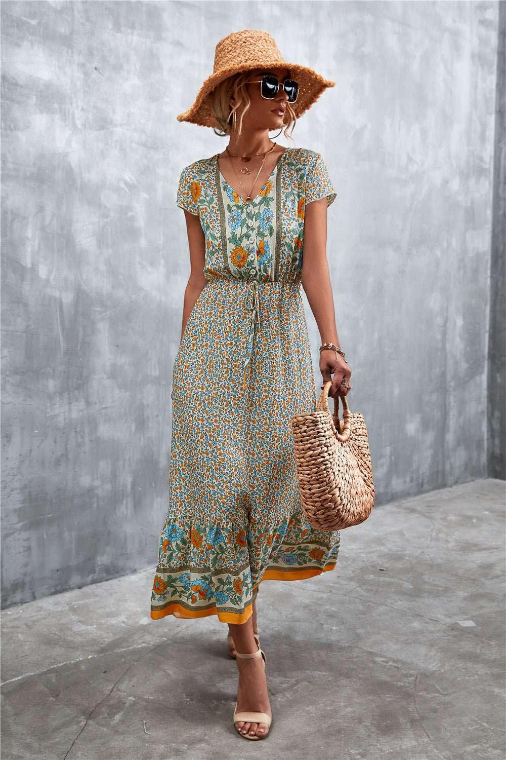V - Neck Short Sleeve Printed Maxi Dress - VILLA FASHION