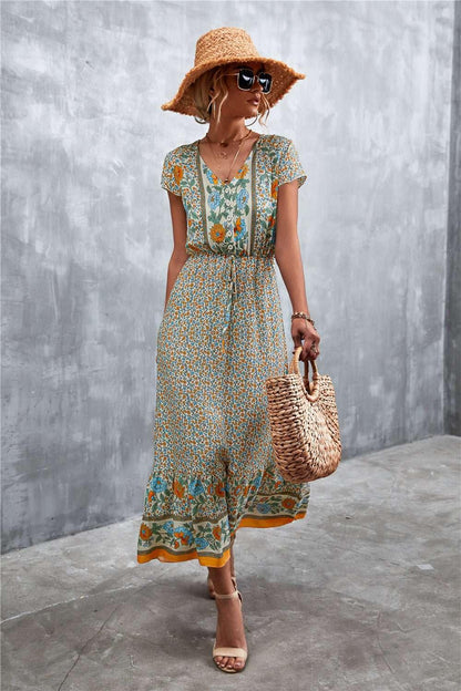 V - Neck Short Sleeve Printed Maxi Dress - VILLA FASHION