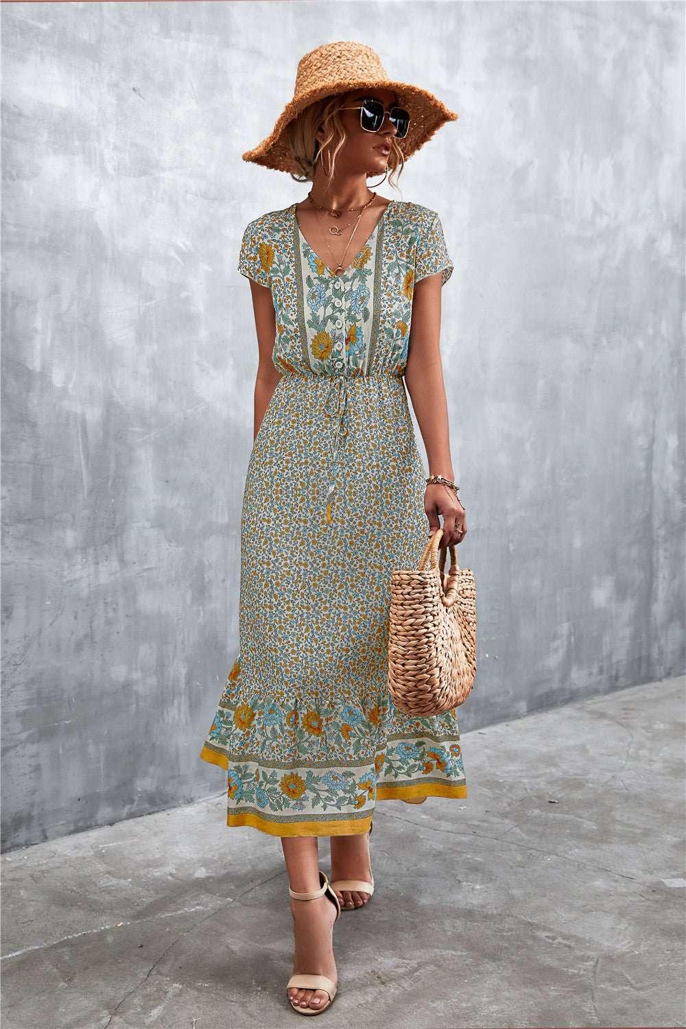 V - Neck Short Sleeve Printed Maxi Dress - VILLA FASHION