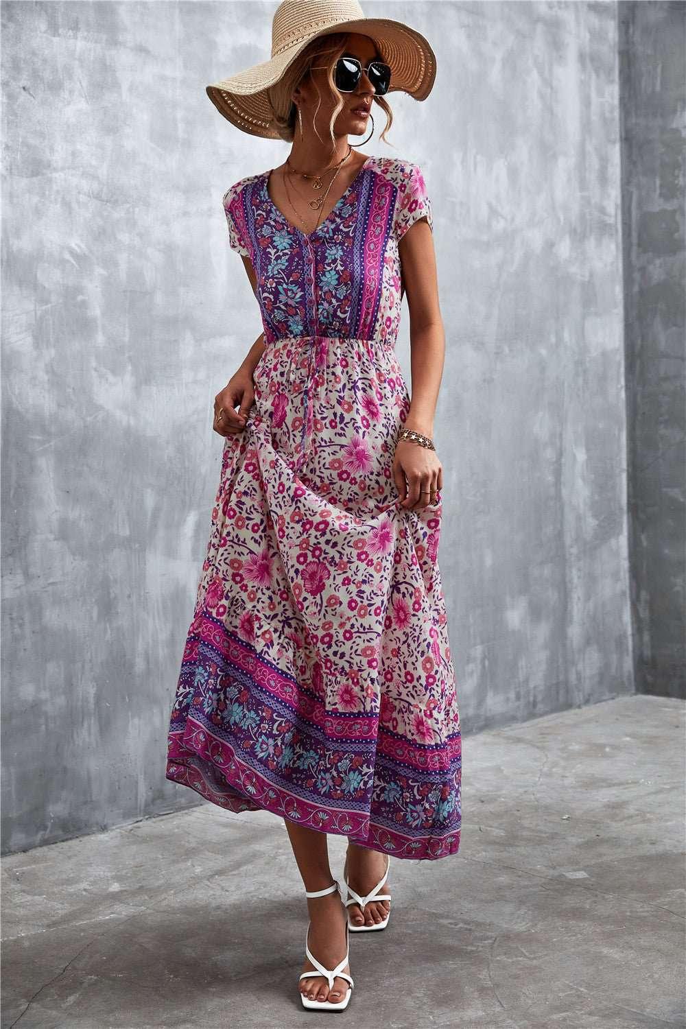 V - Neck Short Sleeve Printed Maxi Dress - VILLA FASHION