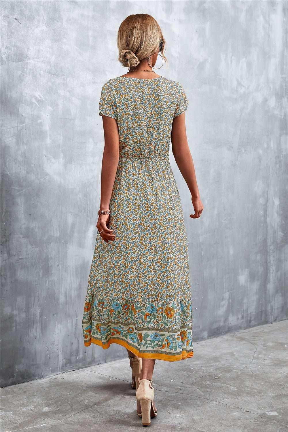 V - Neck Short Sleeve Printed Maxi Dress - VILLA FASHION