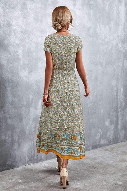 V - Neck Short Sleeve Printed Maxi Dress - VILLA FASHION