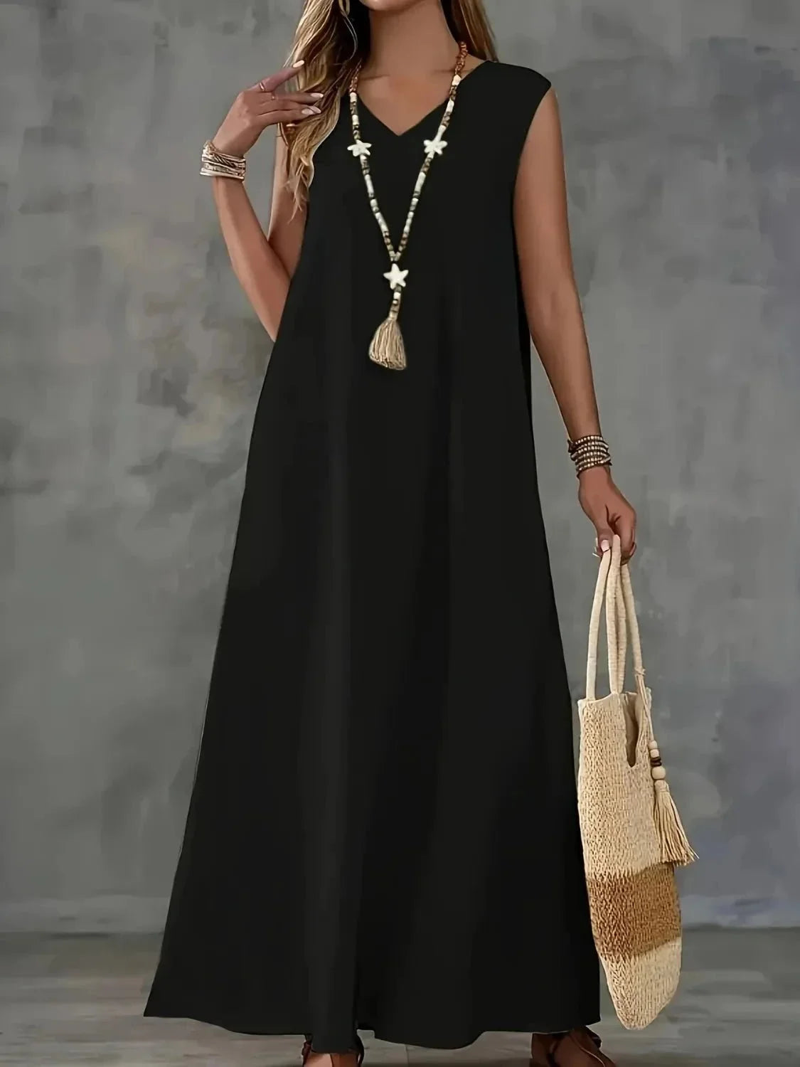 V - Neck Sleeveless Maxi Tank Dress - VILLA FASHION