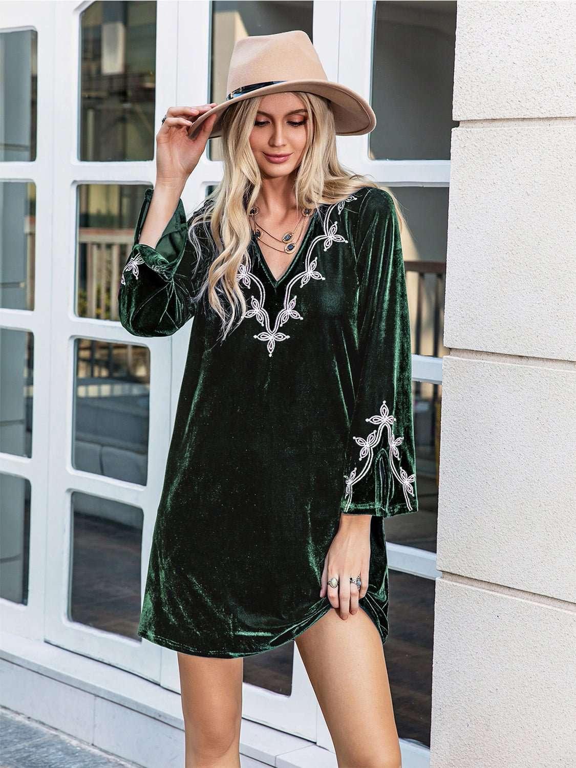 V - Neck Slit Sleeve Mini Dress - VILLA FASHION