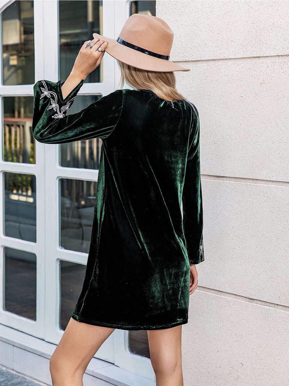 V - Neck Slit Sleeve Mini Dress - VILLA FASHION