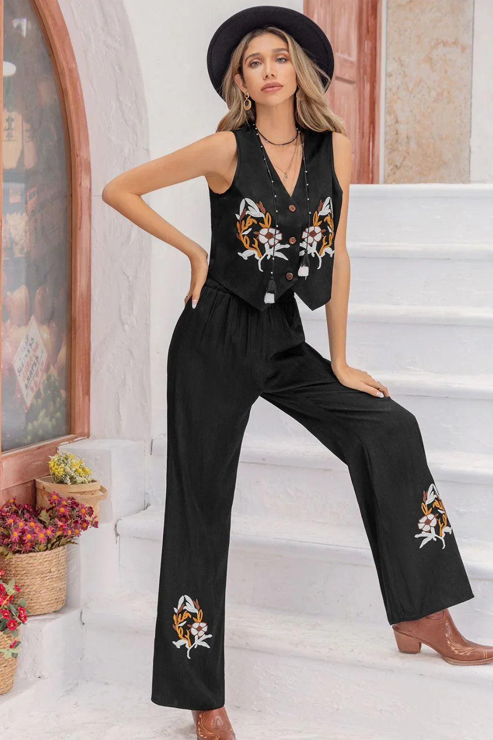 V - Neck Tank Top and Long Pants Set - VILLA FASHION