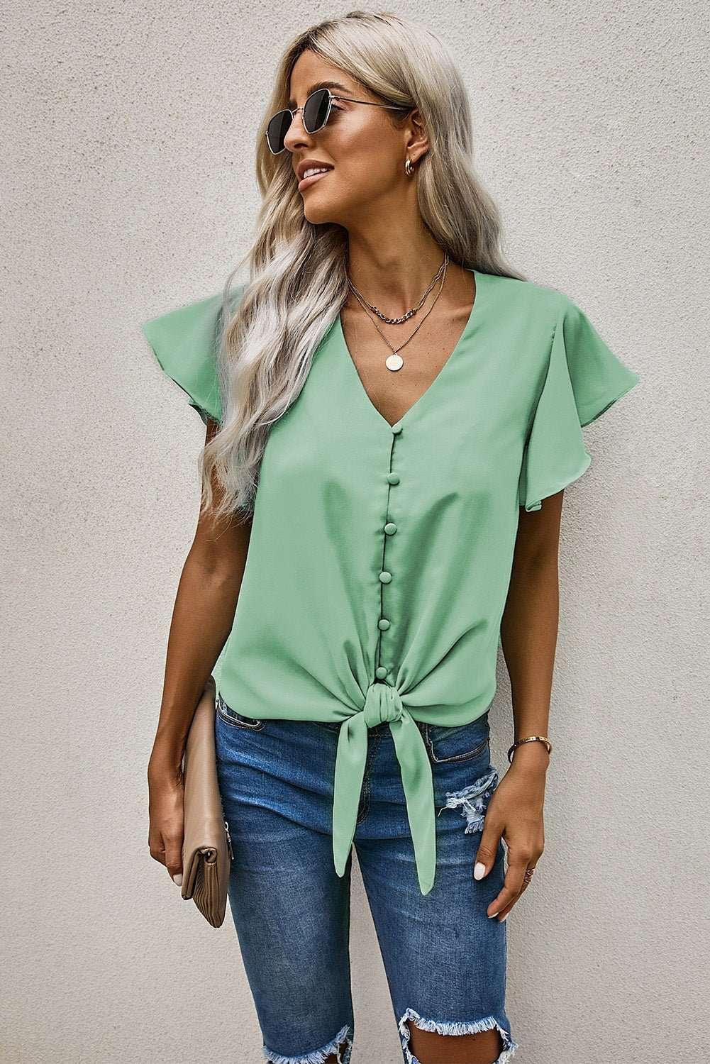 V - Neck Tie Hem Flutter Sleeve Blouse - VILLA FASHION