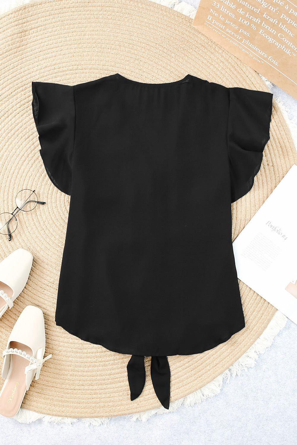 V - Neck Tie Hem Flutter Sleeve Blouse - VILLA FASHION
