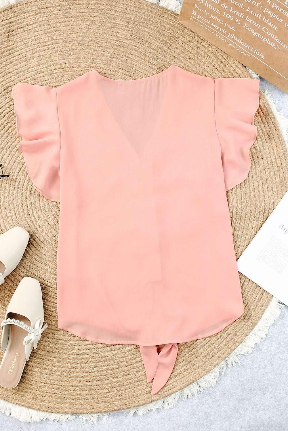 V - Neck Tie Hem Flutter Sleeve Blouse - VILLA FASHION