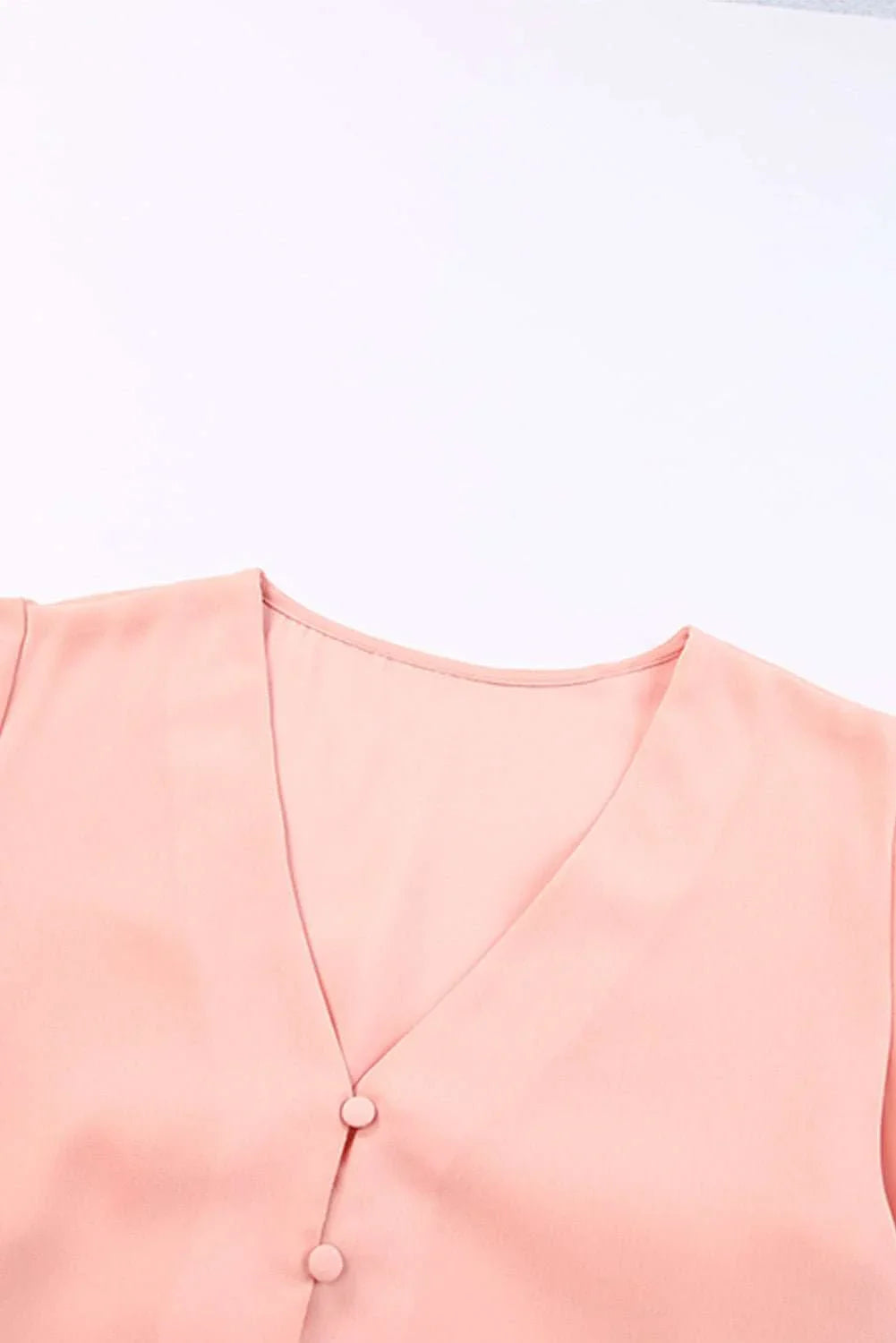 V - Neck Tie Hem Flutter Sleeve Blouse - VILLA FASHION