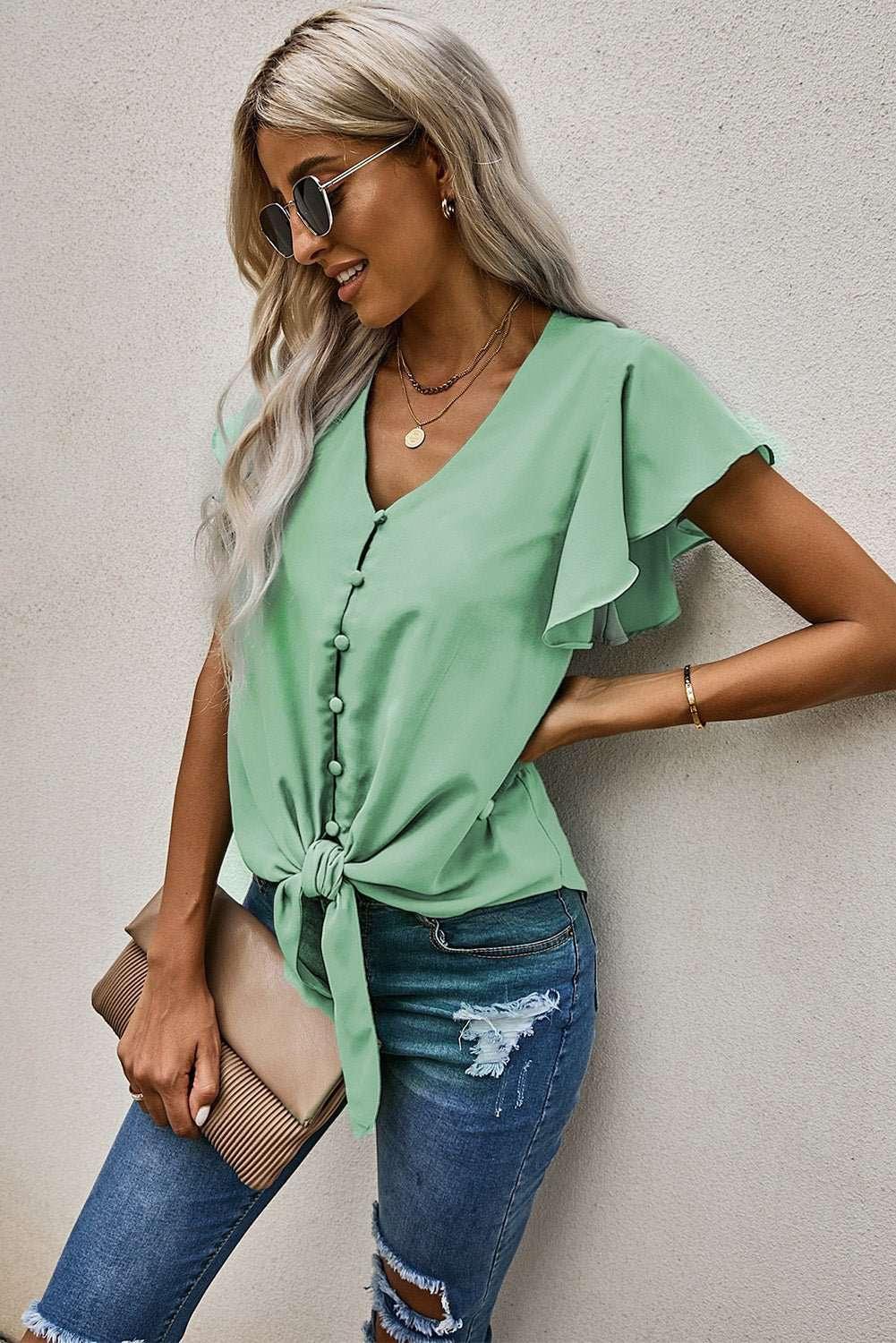 V - Neck Tie Hem Flutter Sleeve Blouse - VILLA FASHION