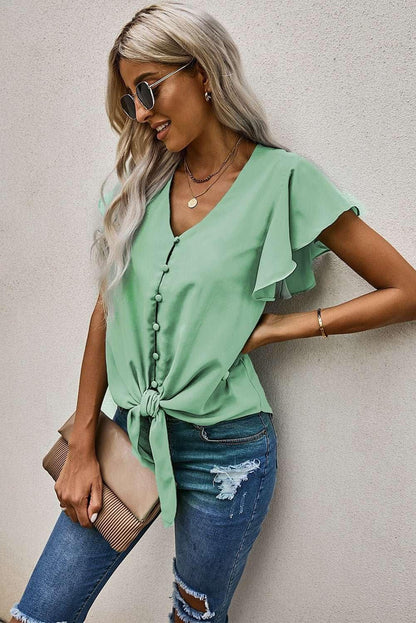 V - Neck Tie Hem Flutter Sleeve Blouse - VILLA FASHION