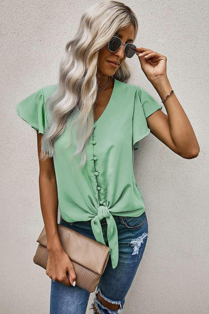 V - Neck Tie Hem Flutter Sleeve Blouse - VILLA FASHION