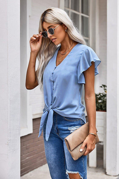 V - Neck Tie Hem Flutter Sleeve Blouse - VILLA FASHION