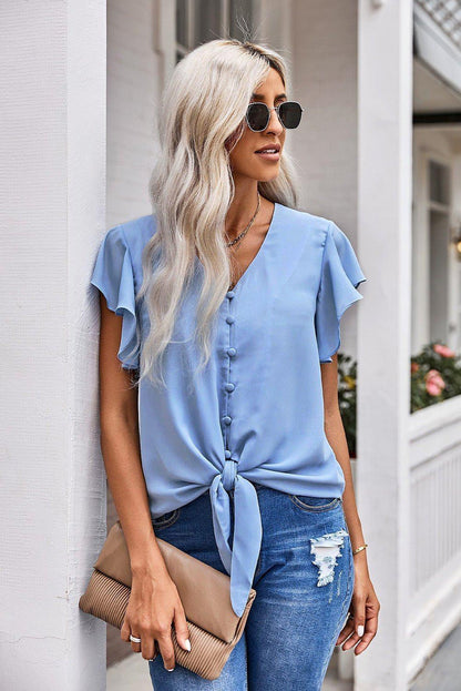 V - Neck Tie Hem Flutter Sleeve Blouse - VILLA FASHION