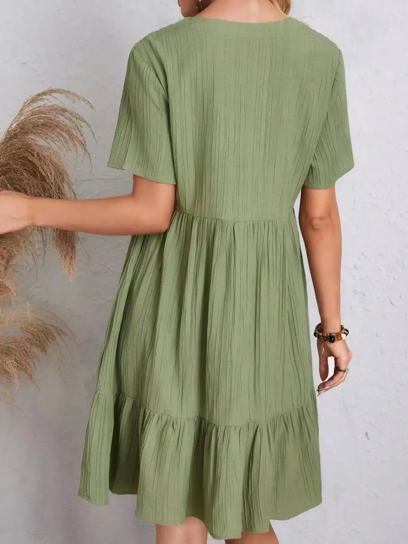 V - Neck Tiered Dress with Flutter Sleeves - VILLA FASHION