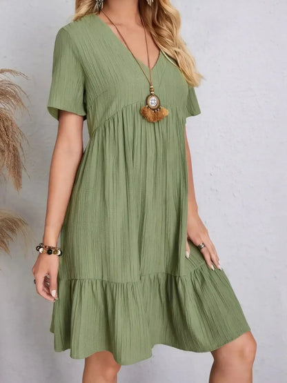 V - Neck Tiered Dress with Flutter Sleeves - VILLA FASHION