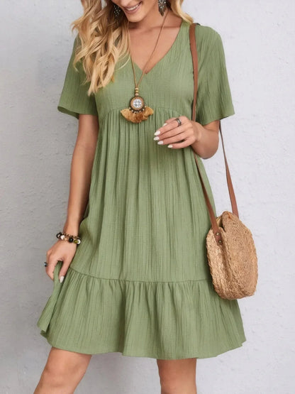V - Neck Tiered Dress with Flutter Sleeves - VILLA FASHION