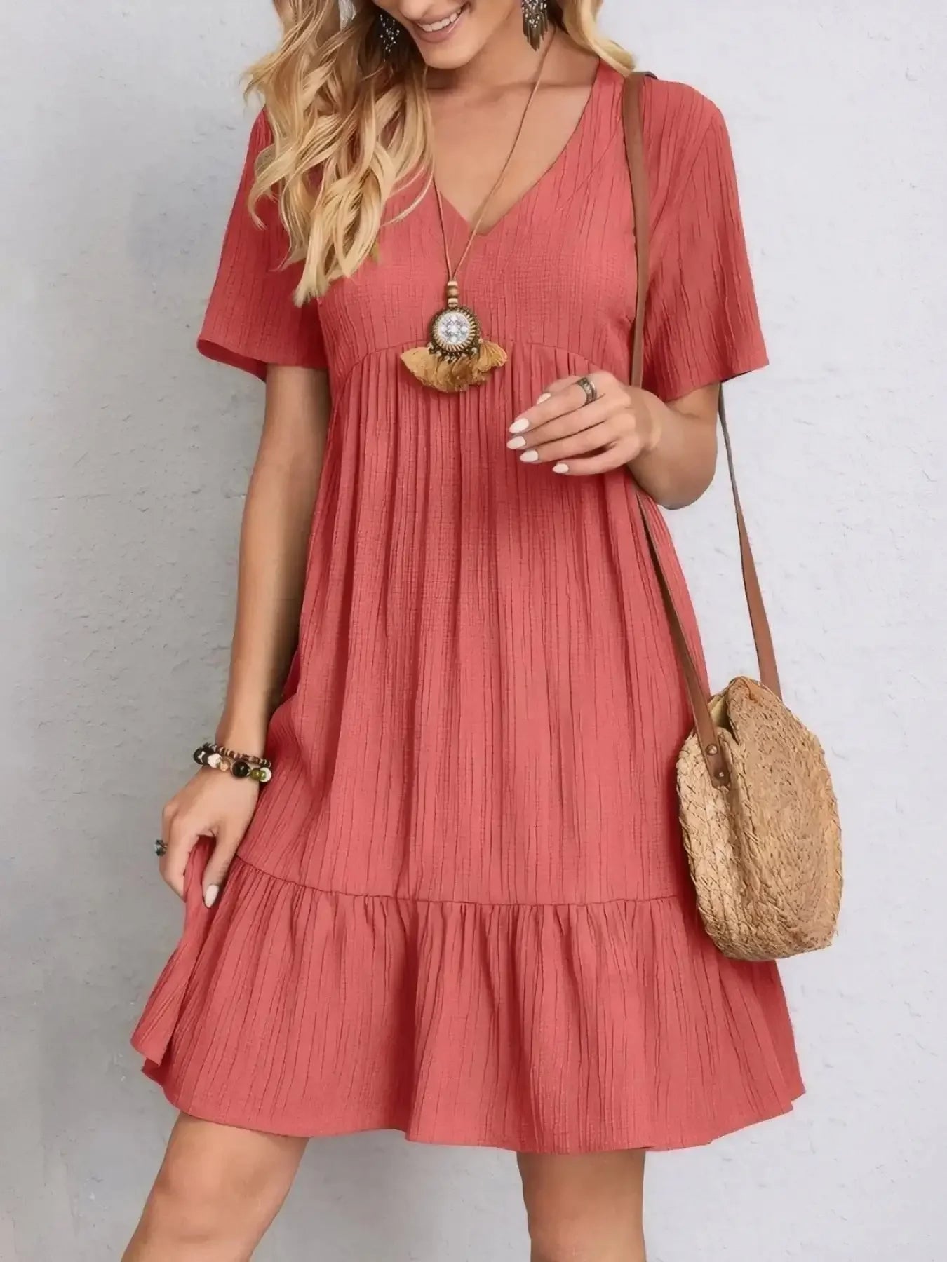V - Neck Tiered Dress with Flutter Sleeves - VILLA FASHION