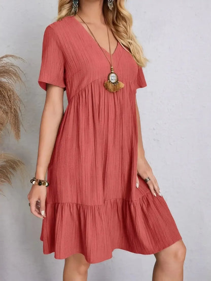 V - Neck Tiered Dress with Flutter Sleeves - VILLA FASHION