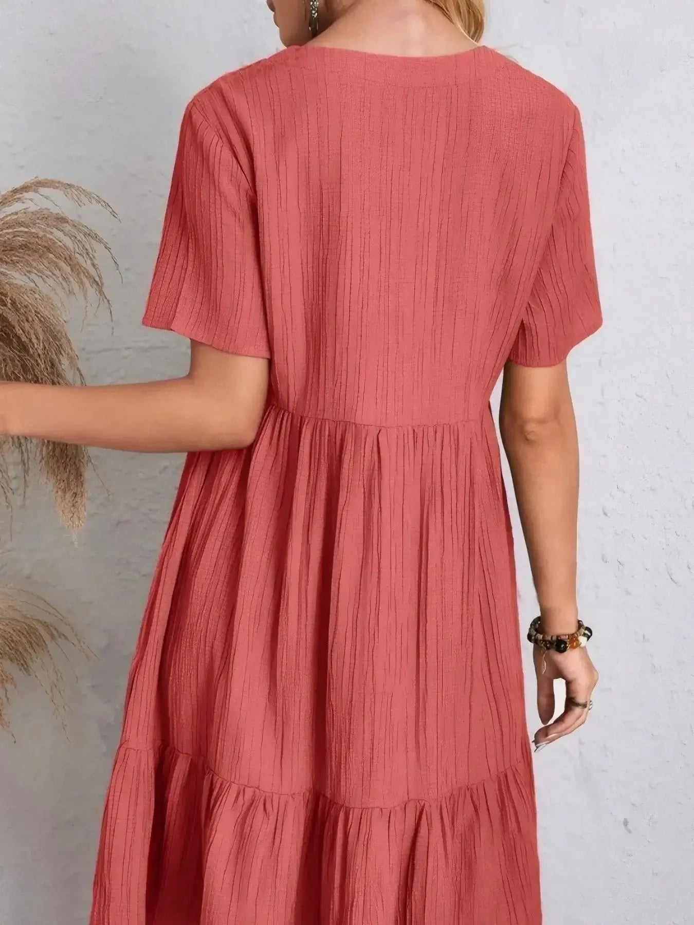 V - Neck Tiered Dress with Flutter Sleeves - VILLA FASHION