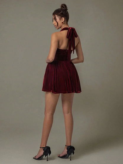 Velvet Halter Skater Dress - VILLA FASHION