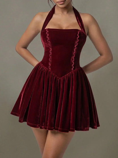 Velvet Halter Skater Dress - VILLA FASHION