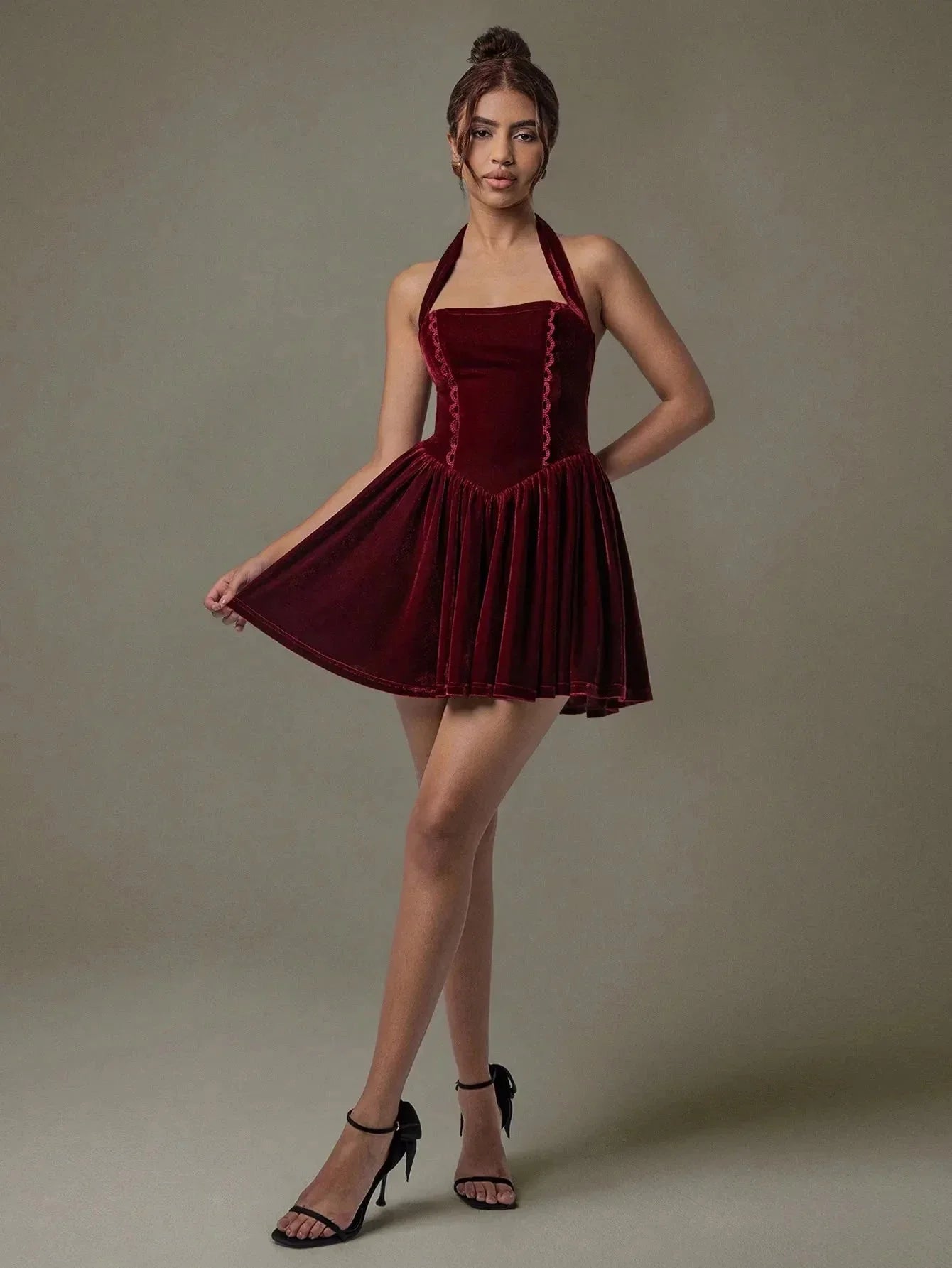 Velvet Halter Skater Dress - VILLA FASHION