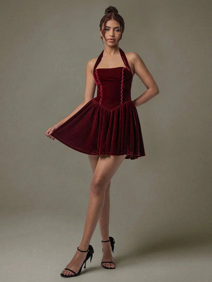 Velvet Halter Skater Dress - VILLA FASHION