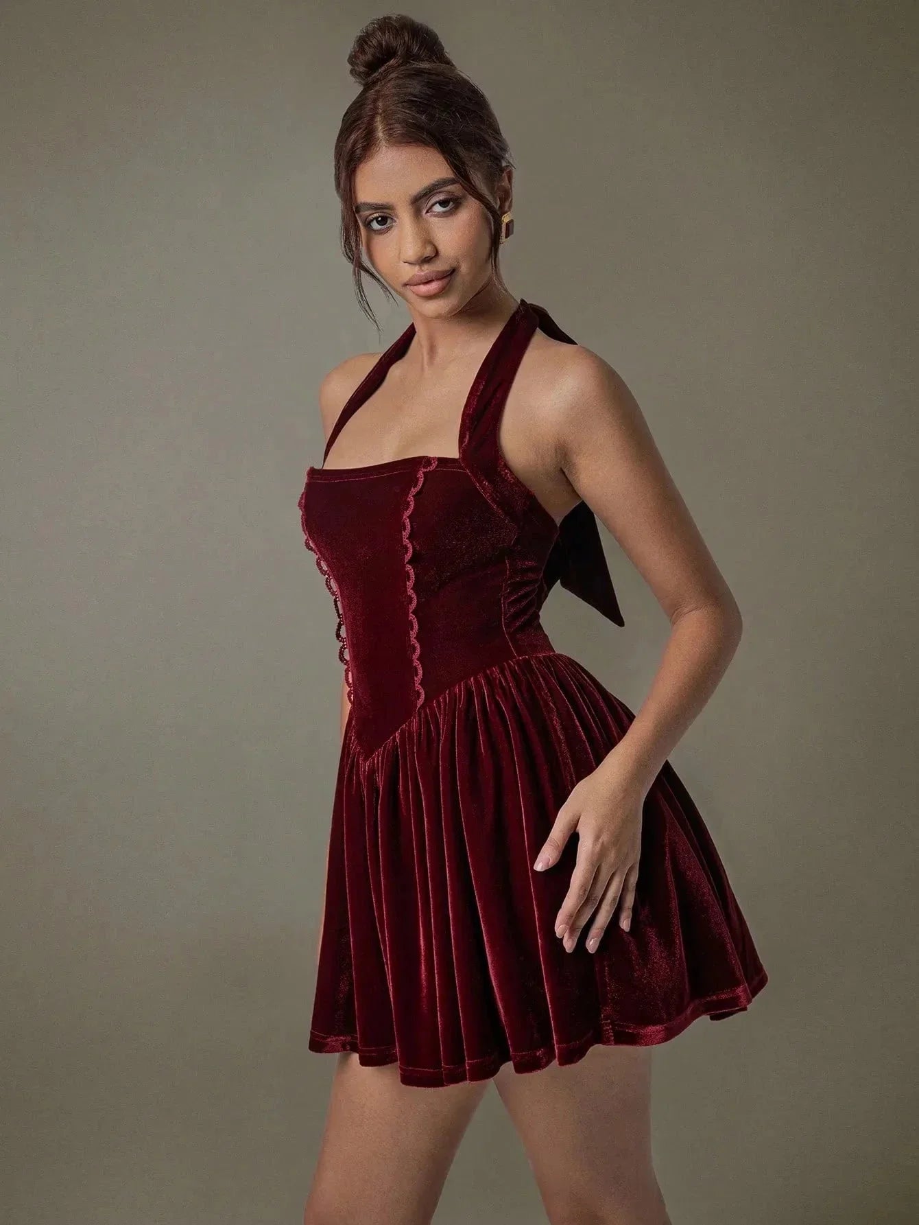 Velvet Halter Skater Dress - VILLA FASHION