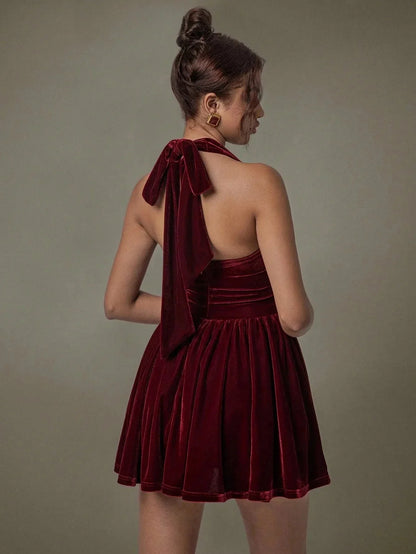 Velvet Halter Skater Dress - VILLA FASHION