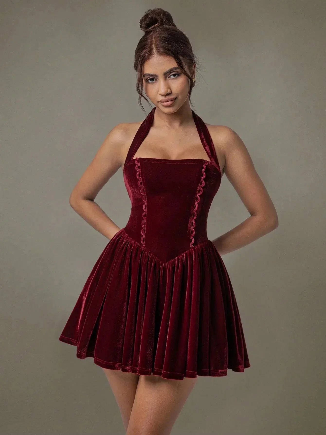Velvet Halter Skater Dress - VILLA FASHION
