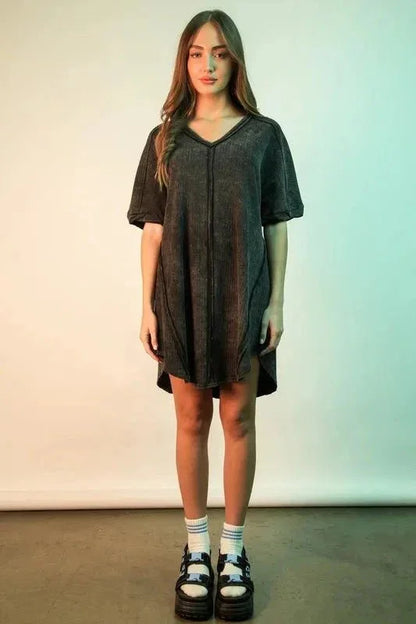 VERY J Mineral Washed Ribbed Knit Mini Dress - VILLA FASHION