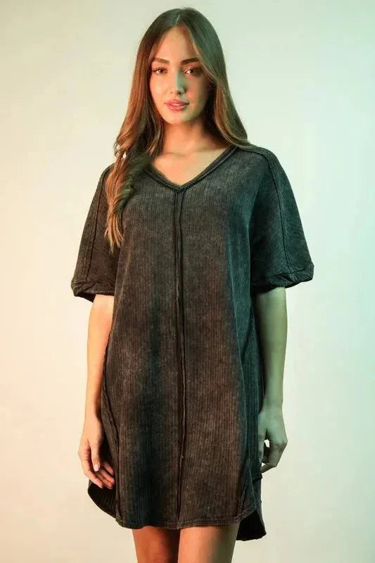 VERY J Mineral Washed Ribbed Knit Mini Dress - VILLA FASHION
