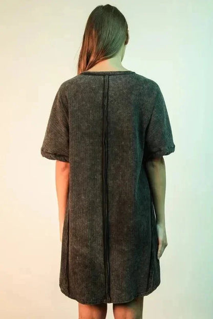 VERY J Mineral Washed Ribbed Knit Mini Dress - VILLA FASHION