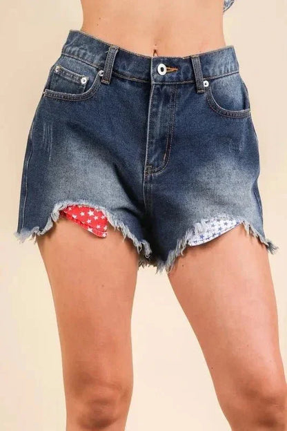 VERY J Raw Hem Pocketed Contrast Washed Denim Shorts - VILLA FASHION