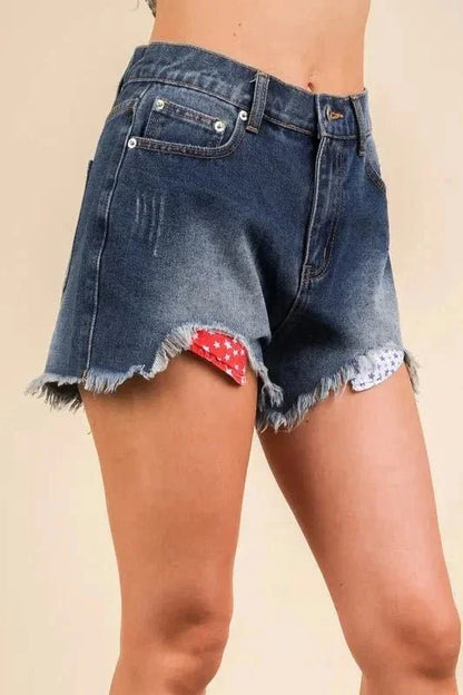 VERY J Raw Hem Pocketed Contrast Washed Denim Shorts - VILLA FASHION