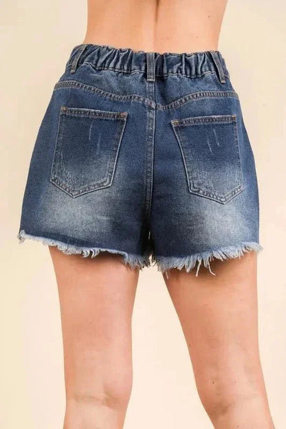 VERY J Raw Hem Pocketed Contrast Washed Denim Shorts - VILLA FASHION