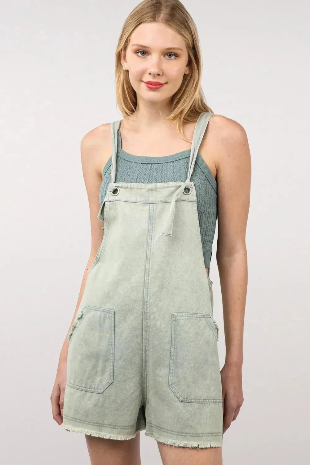 VERY J Washed Frayed Hem Denim Overall - VILLA FASHION