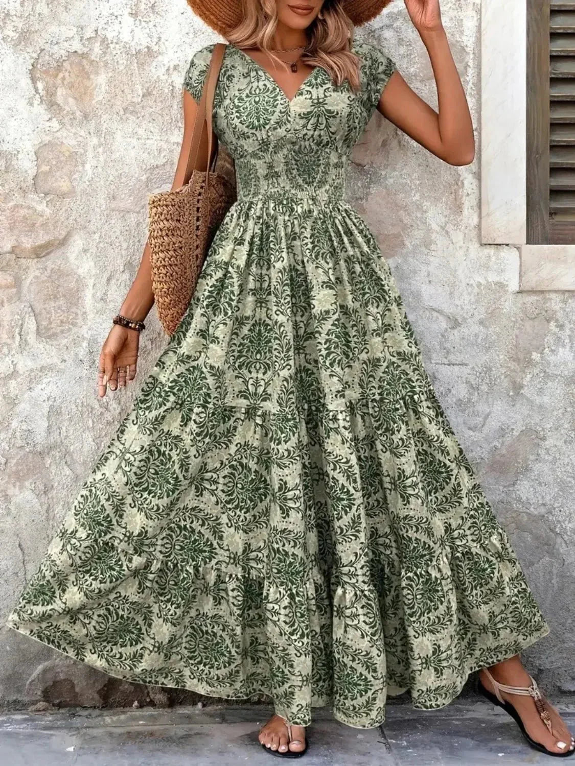 Vintage Floral Cap Sleeve Maxi Dress - VILLA FASHION